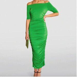NWT L'AGENCE Sequoia Ruched Off-Shoulder Bodycon Midi Dress Grass Green